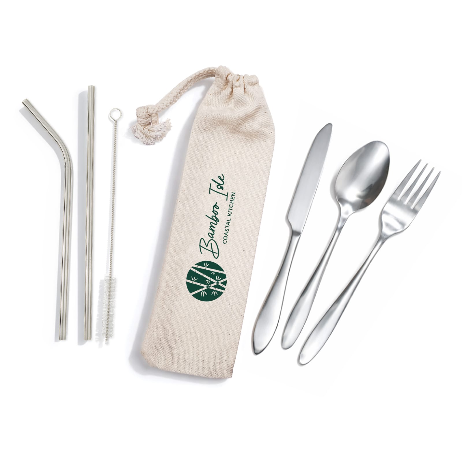 Banquet Stainless Steel Cutlery & Straw Set in Calico Pouch