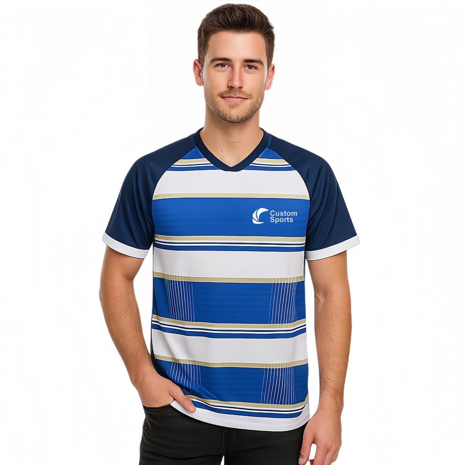 100% Polyester Micro Mesh Sublimated Asymmetric Bottom Hem V-Neck Raglan Tee Shirt